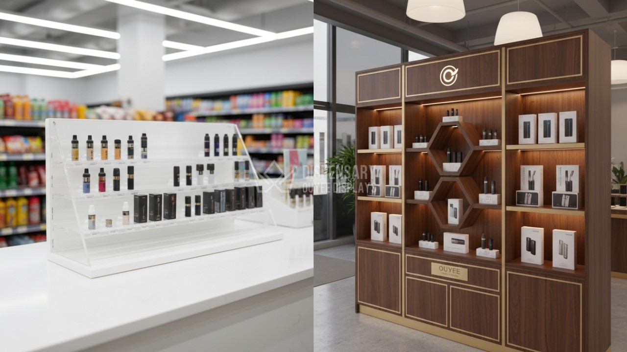 Comparison of stock and custom e cigarette display cabinets