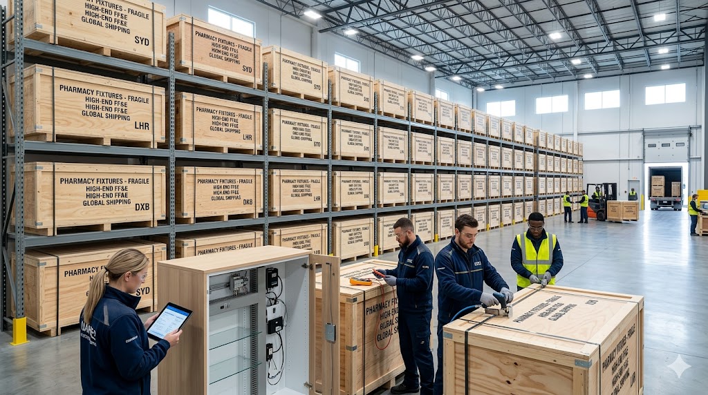 Crates of complex pharmacy fixtures ready for global factory-direct shipping.