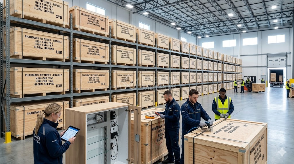 Crates of complex pharmacy fixtures ready for global factory-direct shipping. Crates of complex pharmacy fixtures ready for global factory-direct shipping.