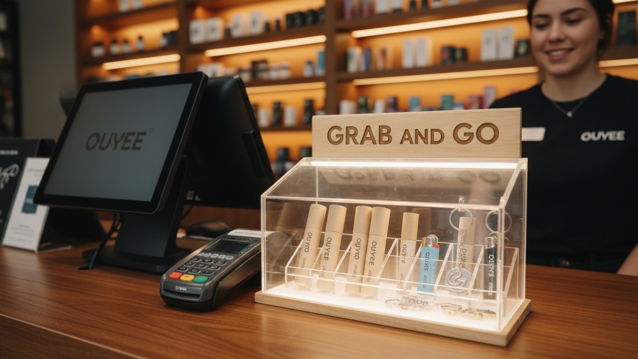 Customer perspective of a cannabis grab and go impulse display at the point of sale