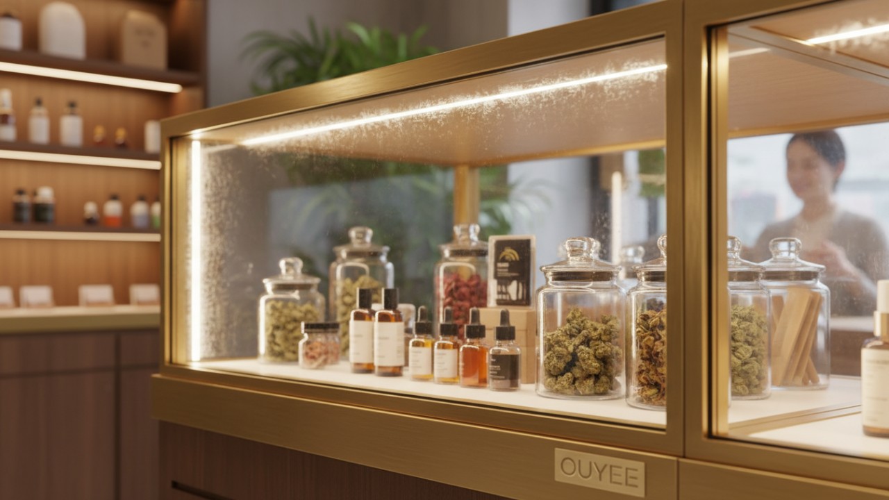 Detailed view of a premium dispensary showcase with high quality materials and lighting to build customer trust