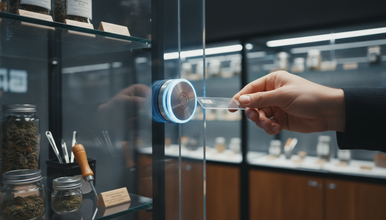 Dispensary display case featuring secure RFID smart lock technology
