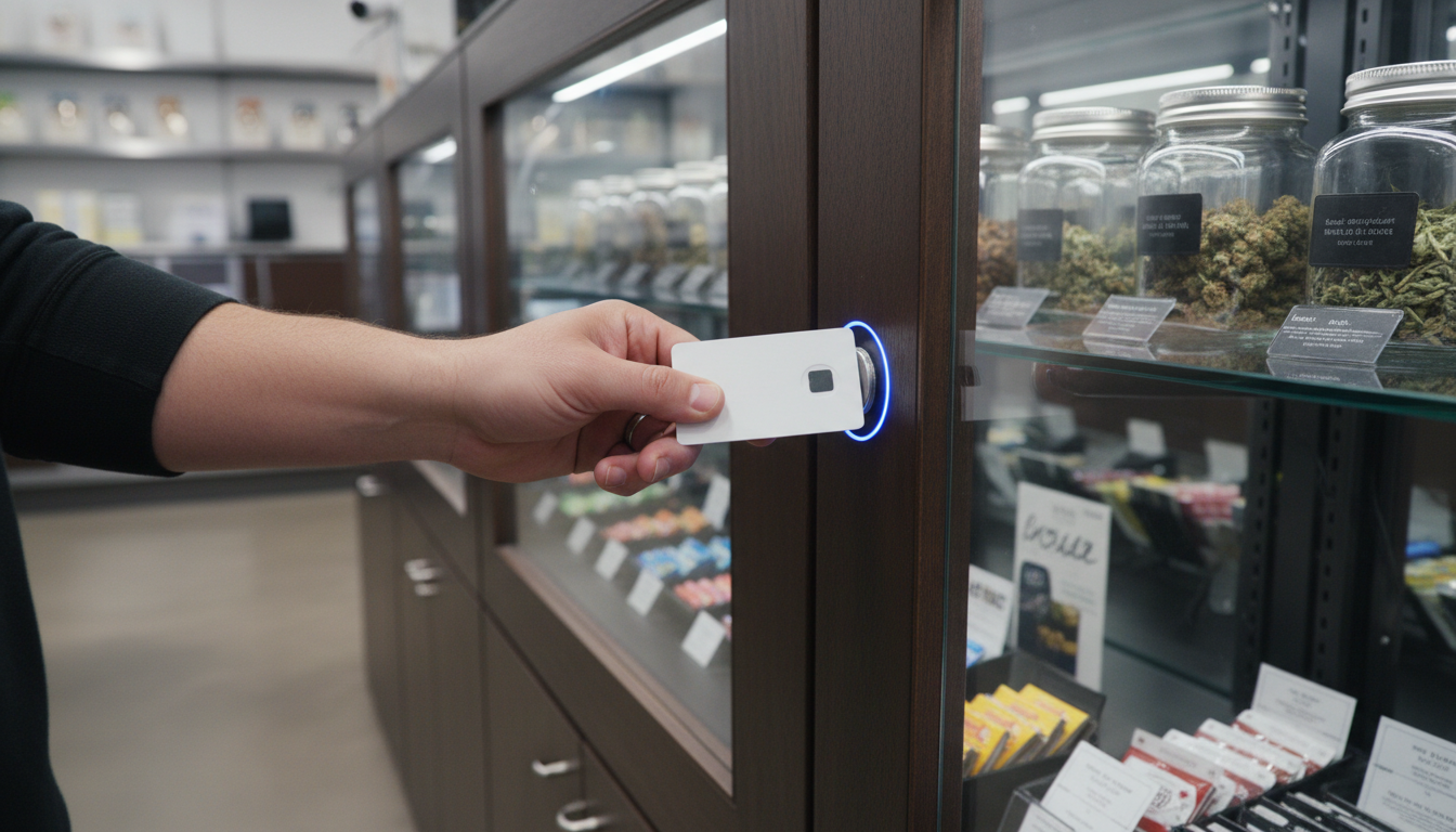 Dispensary display case with RFID smart lock and shatterproof glass
