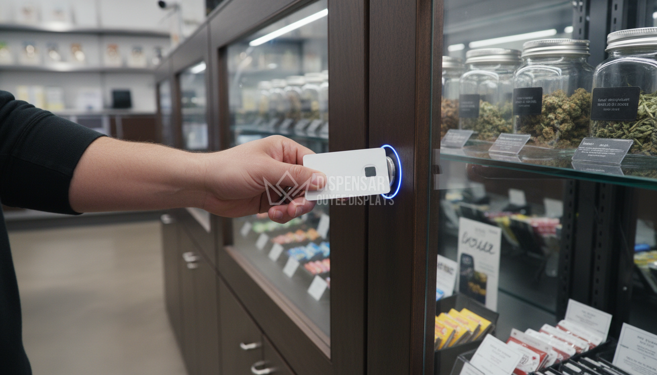 Dispensary display case with RFID smart lock and shatterproof glass Dispensary display case with RFID smart lock and shatterproof glass