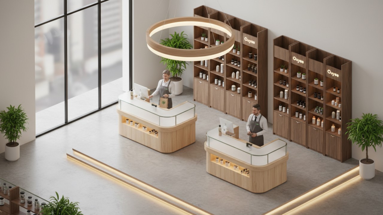 Ergonomic custom dispensary service counter showing efficient retail layout
