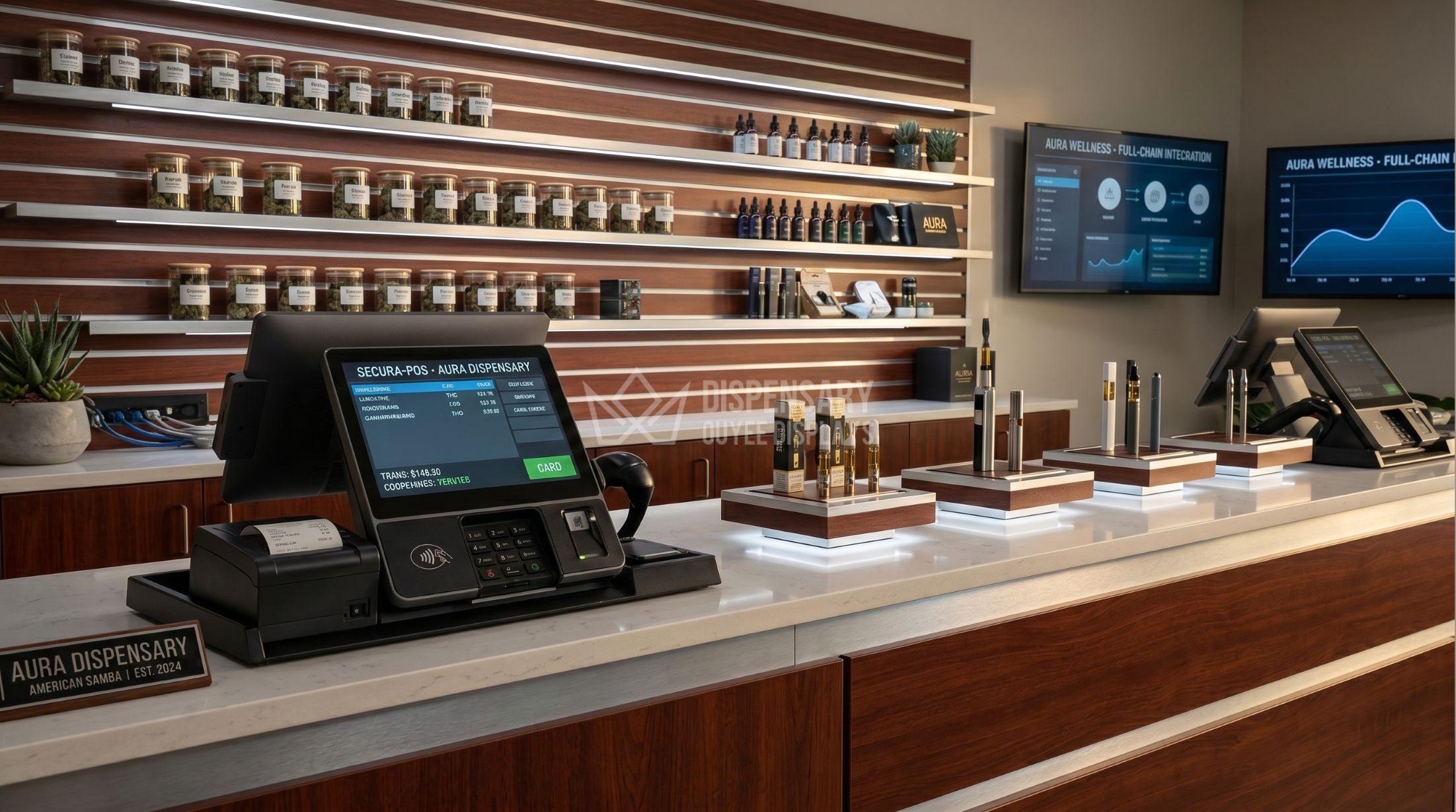 Floating vape displays integrated into a cohesive dispensary checkout counter Floating vape displays integrated into a cohesive dispensary checkout counter
