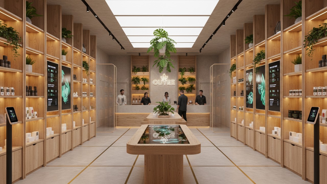 Futuristic cannabis retail shop design featuring modular shelving and interactive digital displays