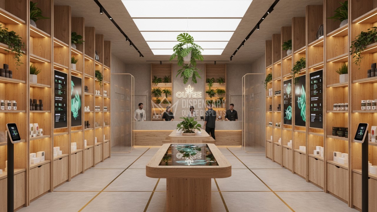 Futuristic cannabis retail shop design featuring modular shelving and interactive digital displays