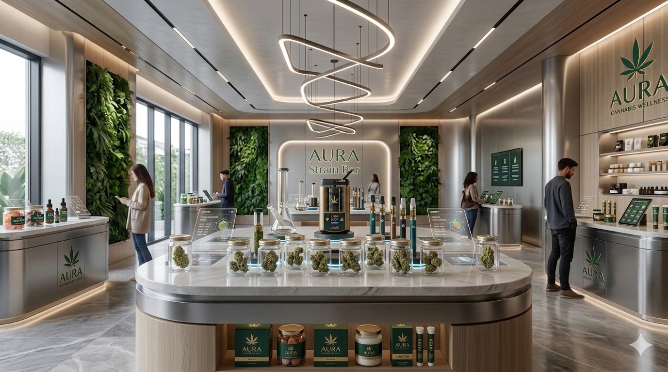 Futuristic magnetic levitating vape display in a luxury dispensary - Ouyee
