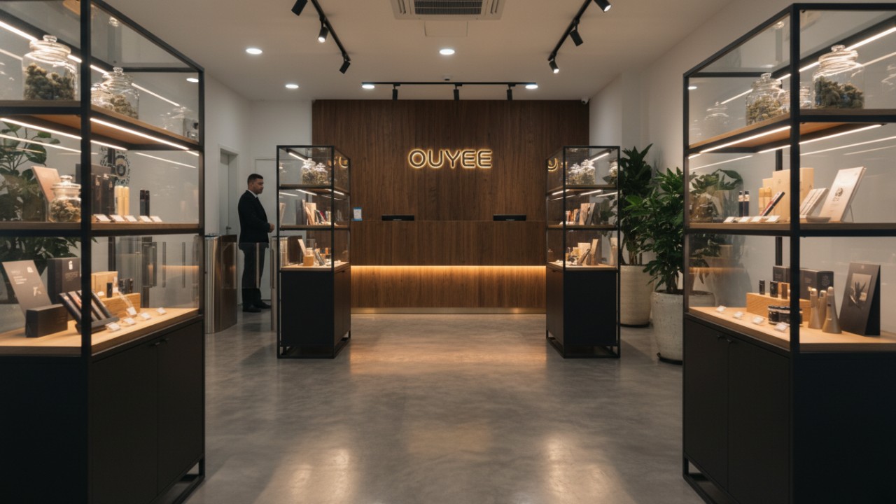 High end cannabis dispensary interior with secure luxury display cases