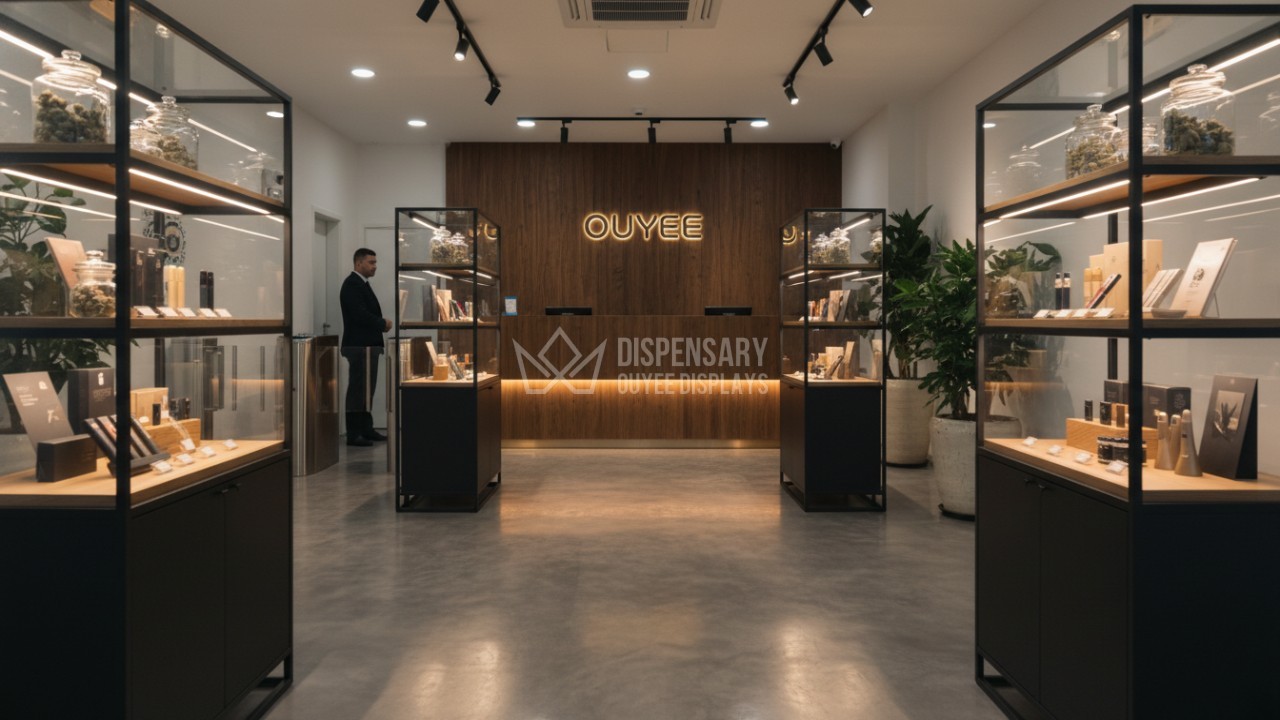 High end cannabis dispensary interior with secure luxury display cases