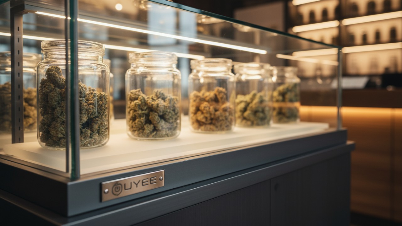 High security glass cannabis display case with integrated LED lighting