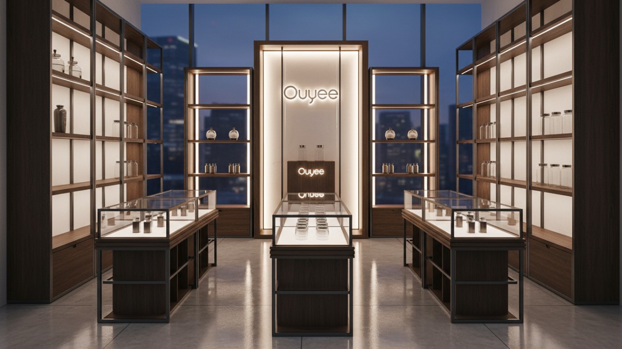 High-tech modular dispensary shelving and cabinets in a showroom with a glowing Ouyee wall sign.
