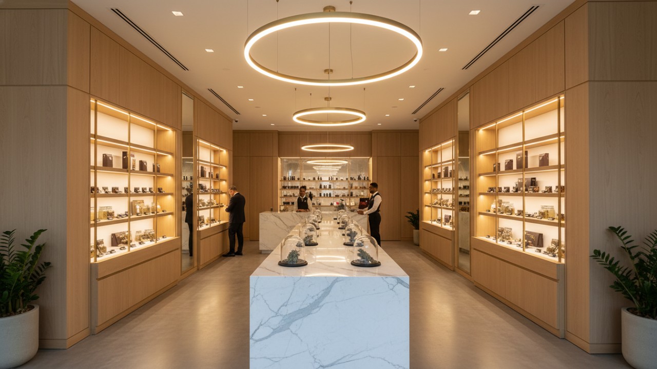 High_end_modern_dispensary_interior_featuring_sleek_glass_display_cases_and_professional_retail_lighting_