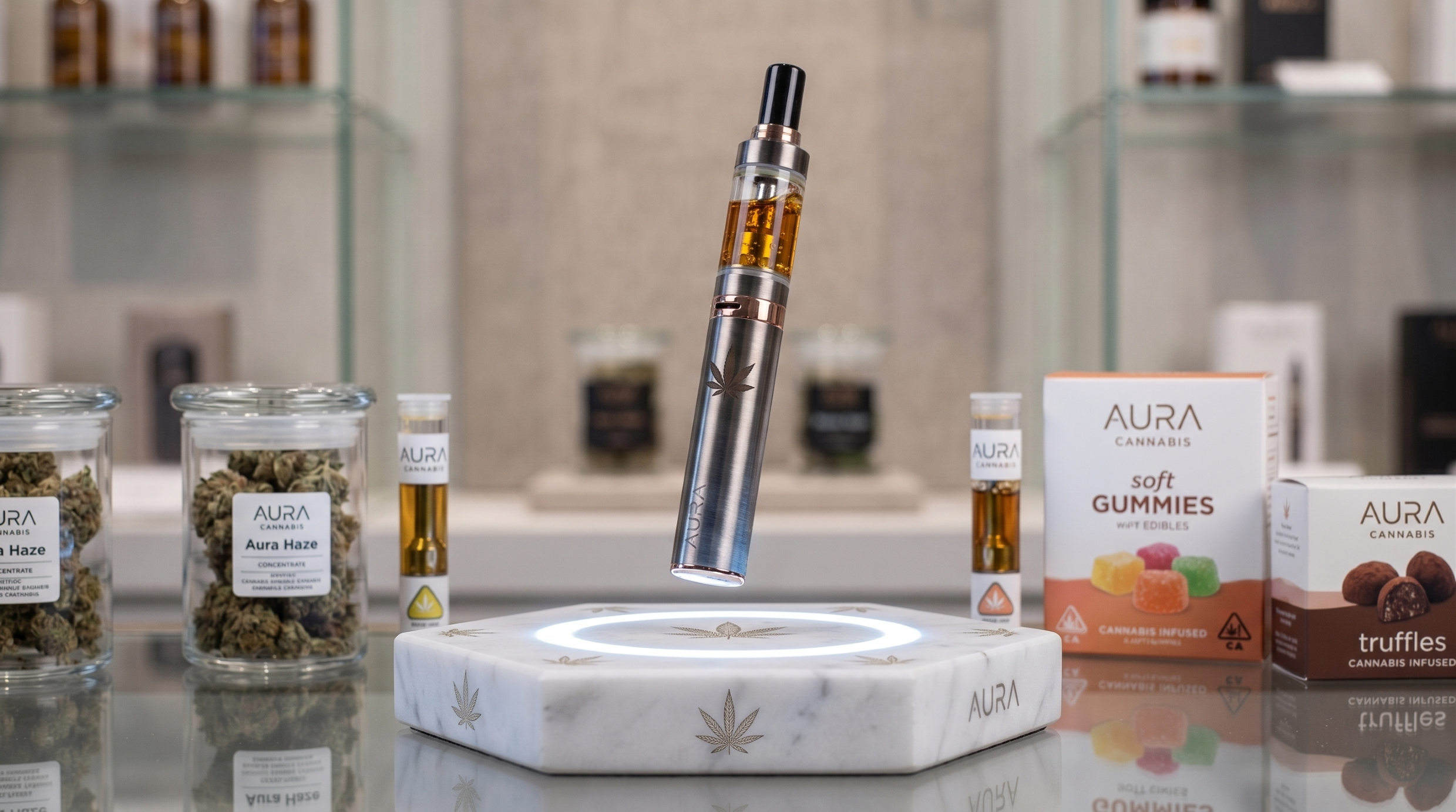 Illuminated floating vape pen over a custom marble display base