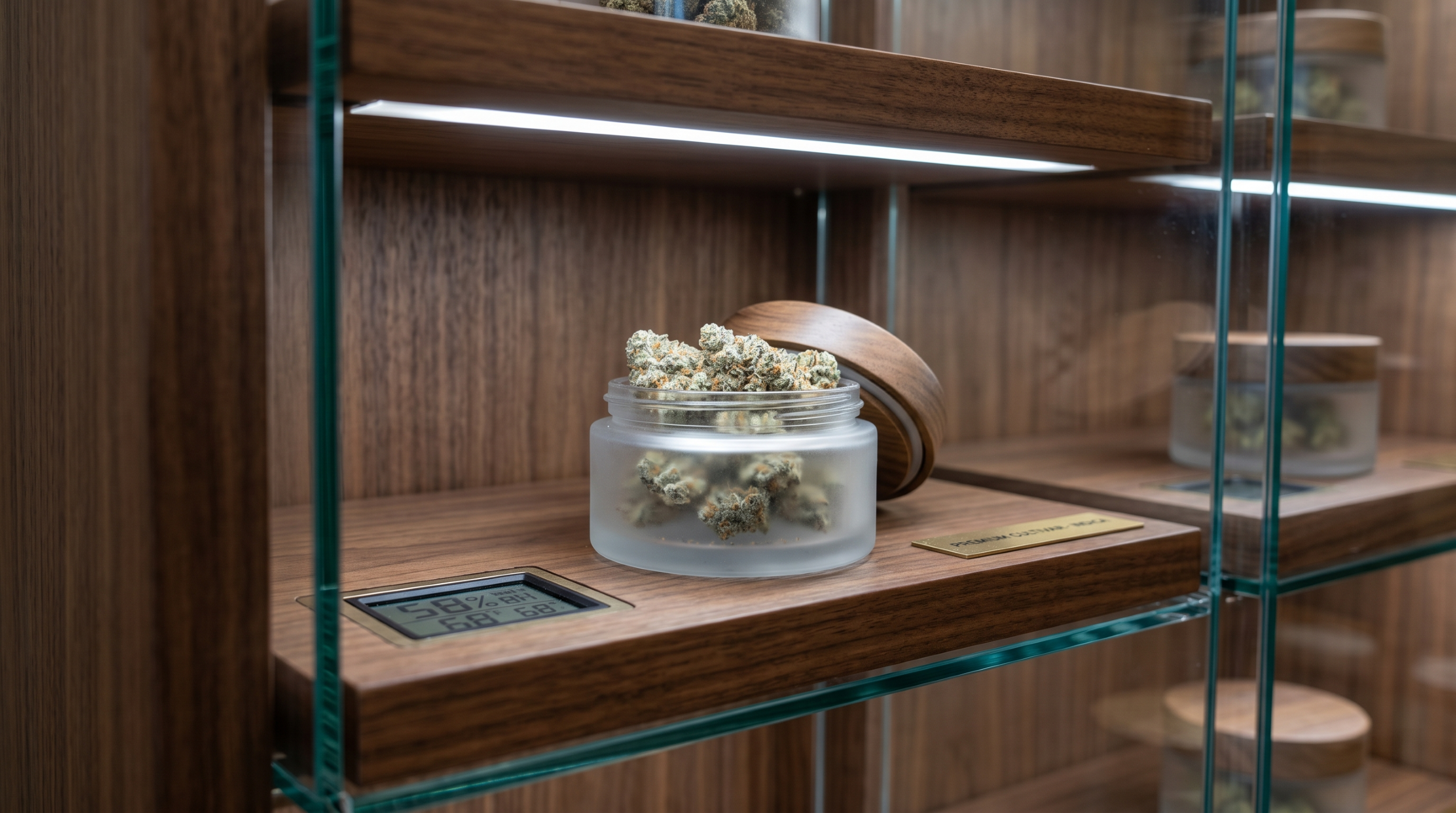 Integrated cold LED lighting highlighting cannabis flower in a wooden display case