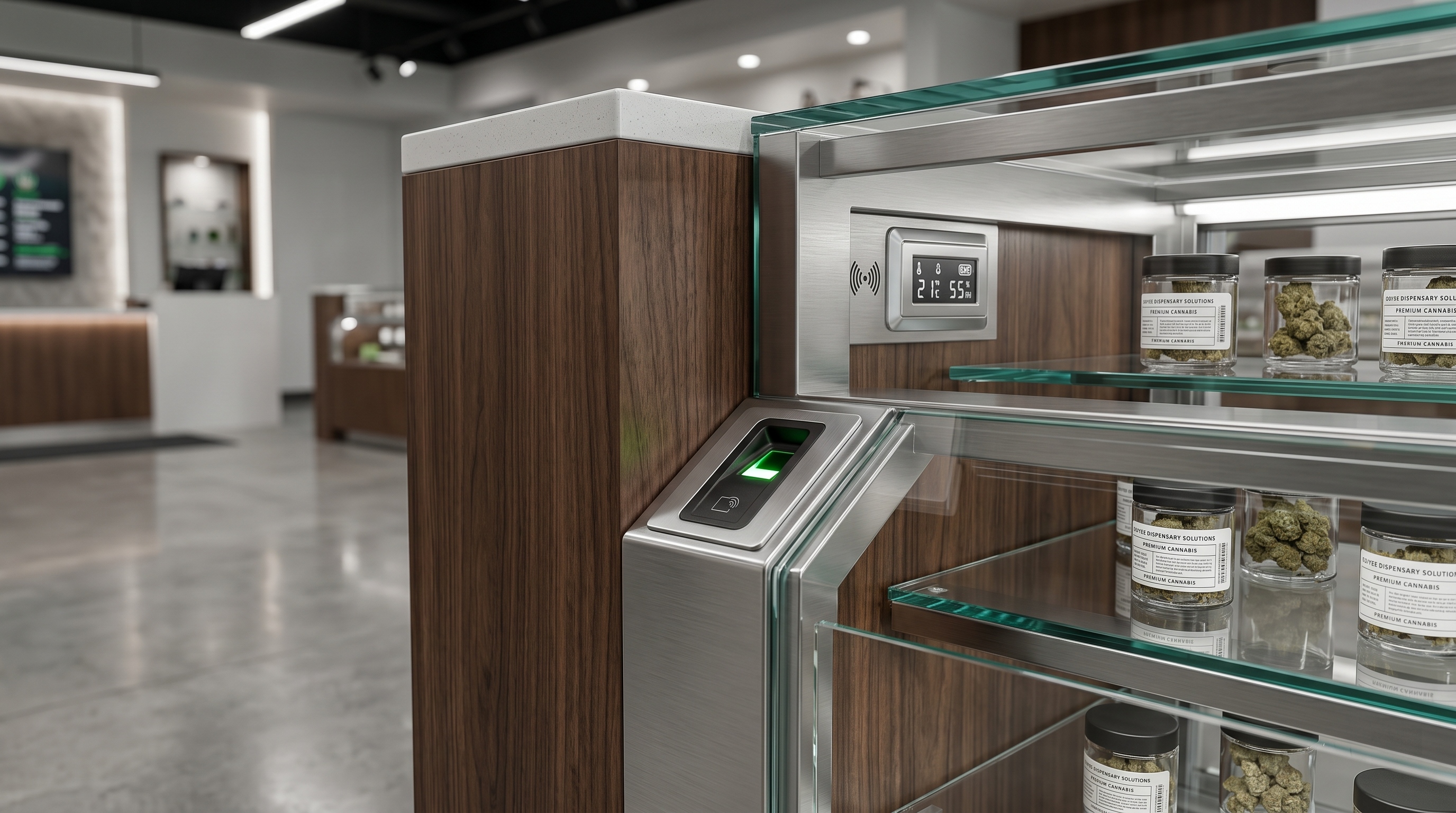 Integrated smart security and climate sensor in a pharmacy display case.