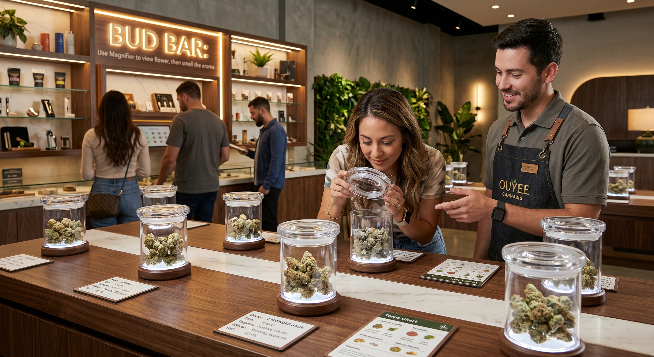Interactive bud bar display and custom retail fixtures enhancing the cannabis customer experience
