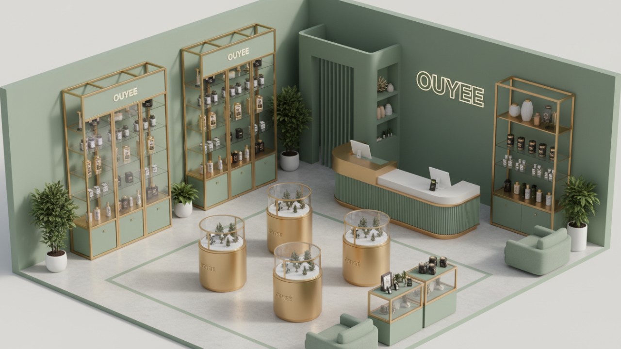 Isometric 3D floor plan of a modern dispensary highlighting custom visual merchandising zones