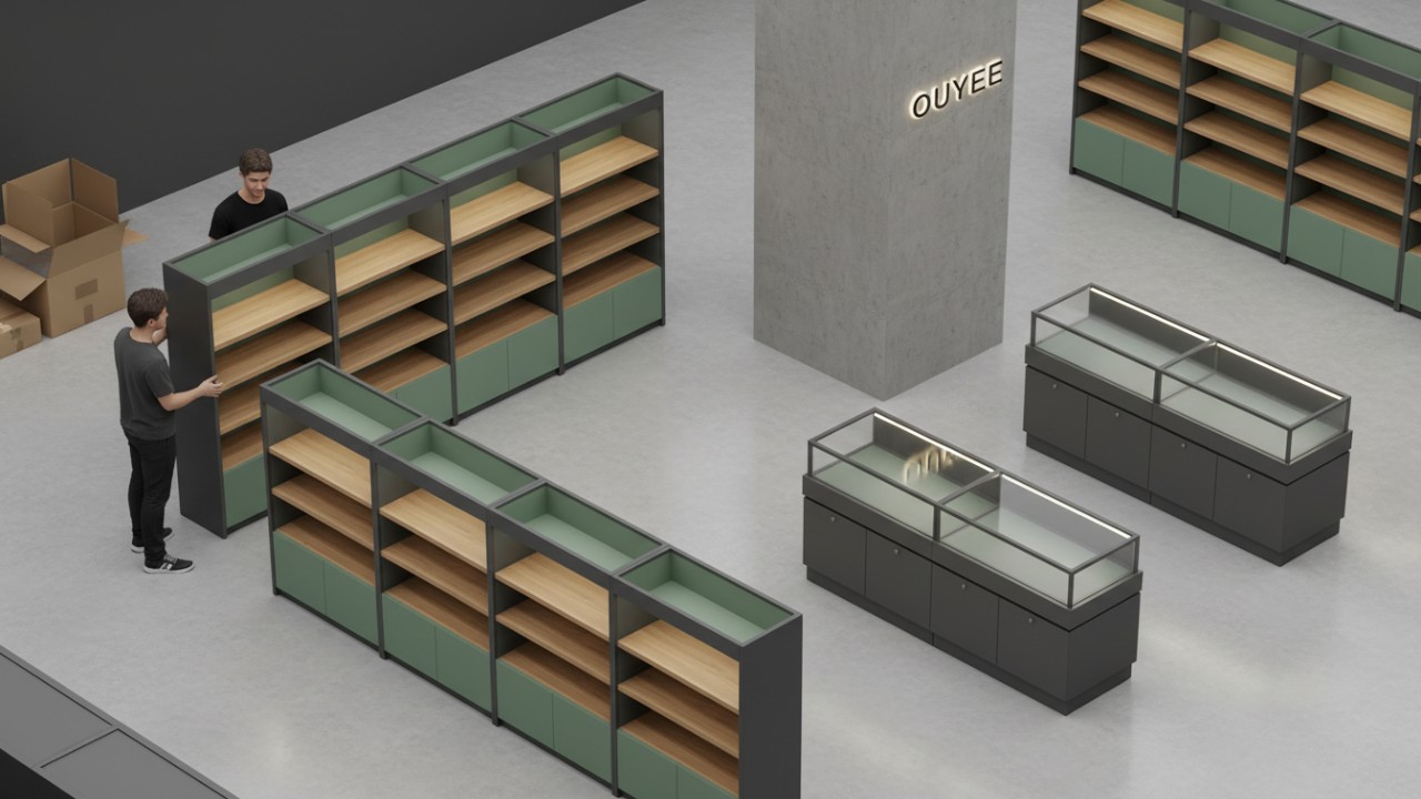 Isometric illustration of dispensary staff easily reconfiguring modular retail shelving units