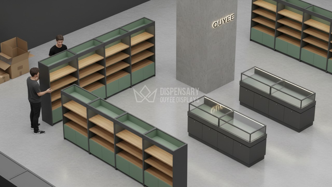Isometric illustration of dispensary staff easily reconfiguring modular retail shelving units