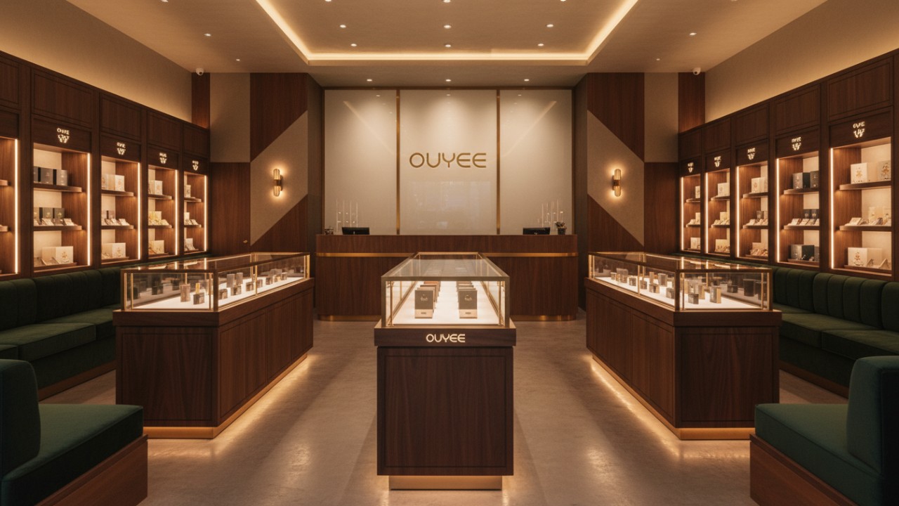 Luxury cannabis dispensary interior with custom branded showcases and warm professional lighting