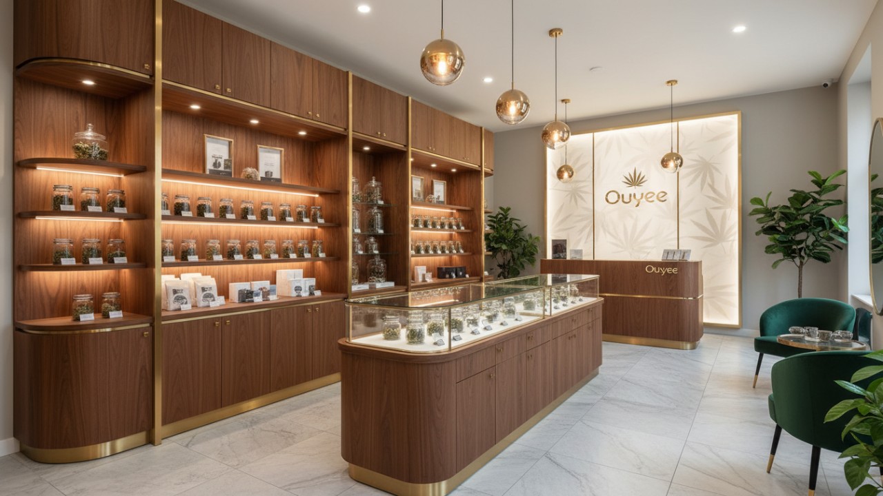 Luxury cannabis dispensary interior with walnut cabinetry and brass accents