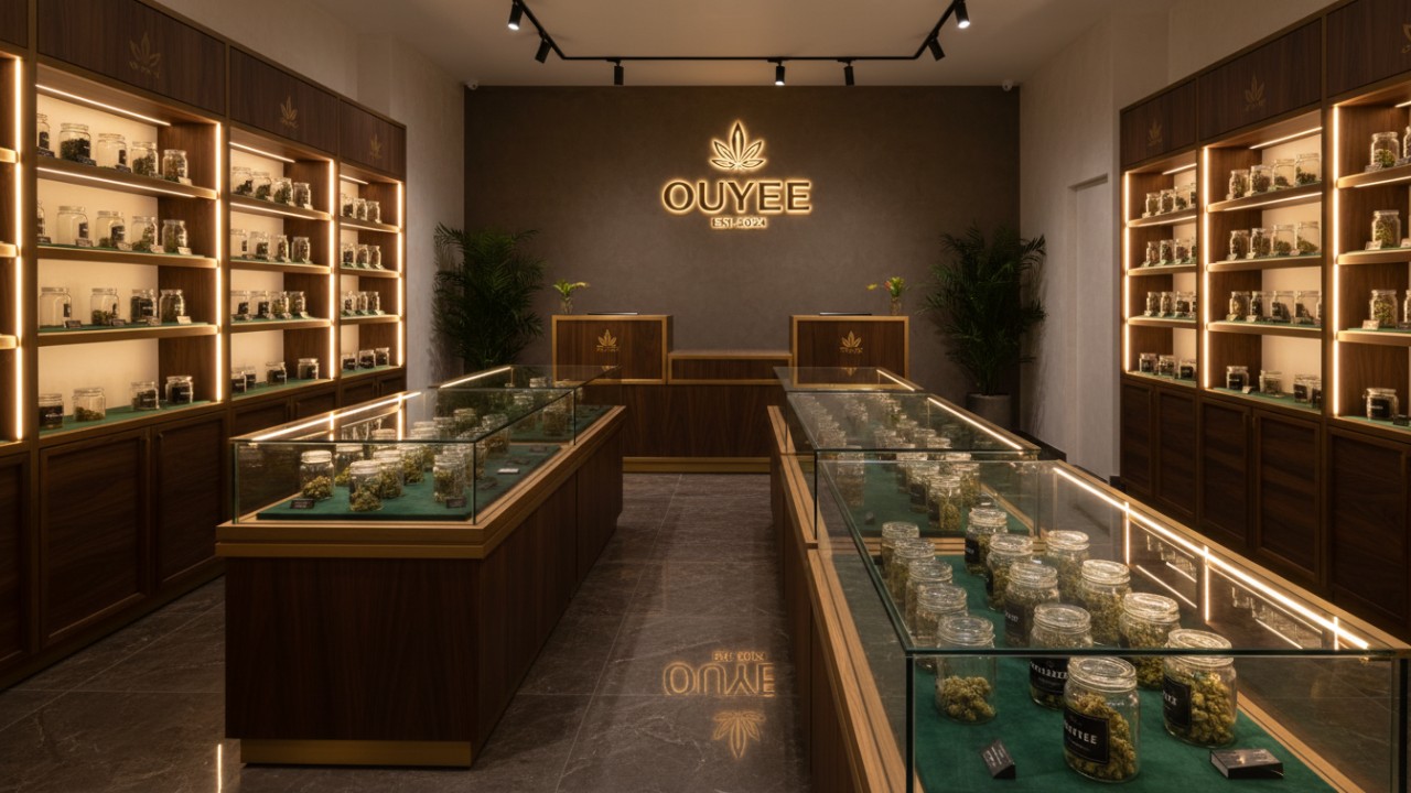 Luxury custom cannabis display case with LED lighting and wood accents in a modern dispensary