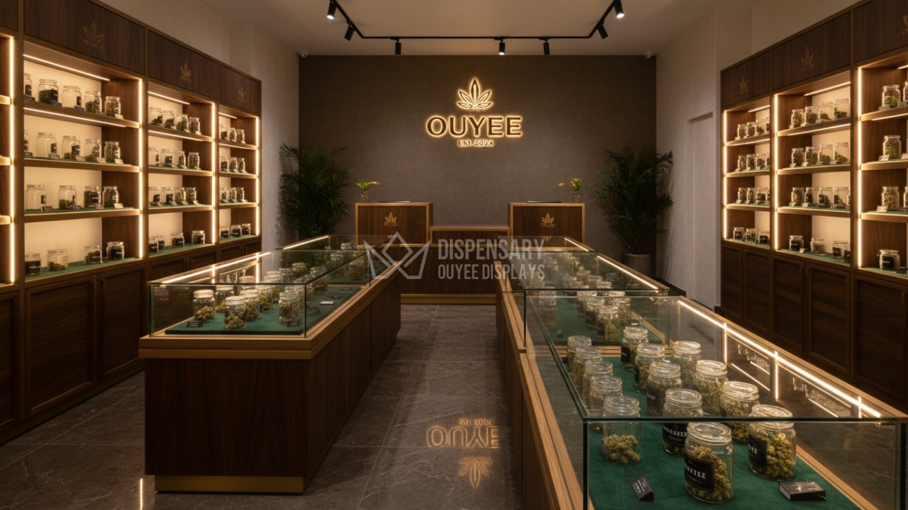 Luxury custom cannabis display case with LED lighting and wood accents in a modern dispensary