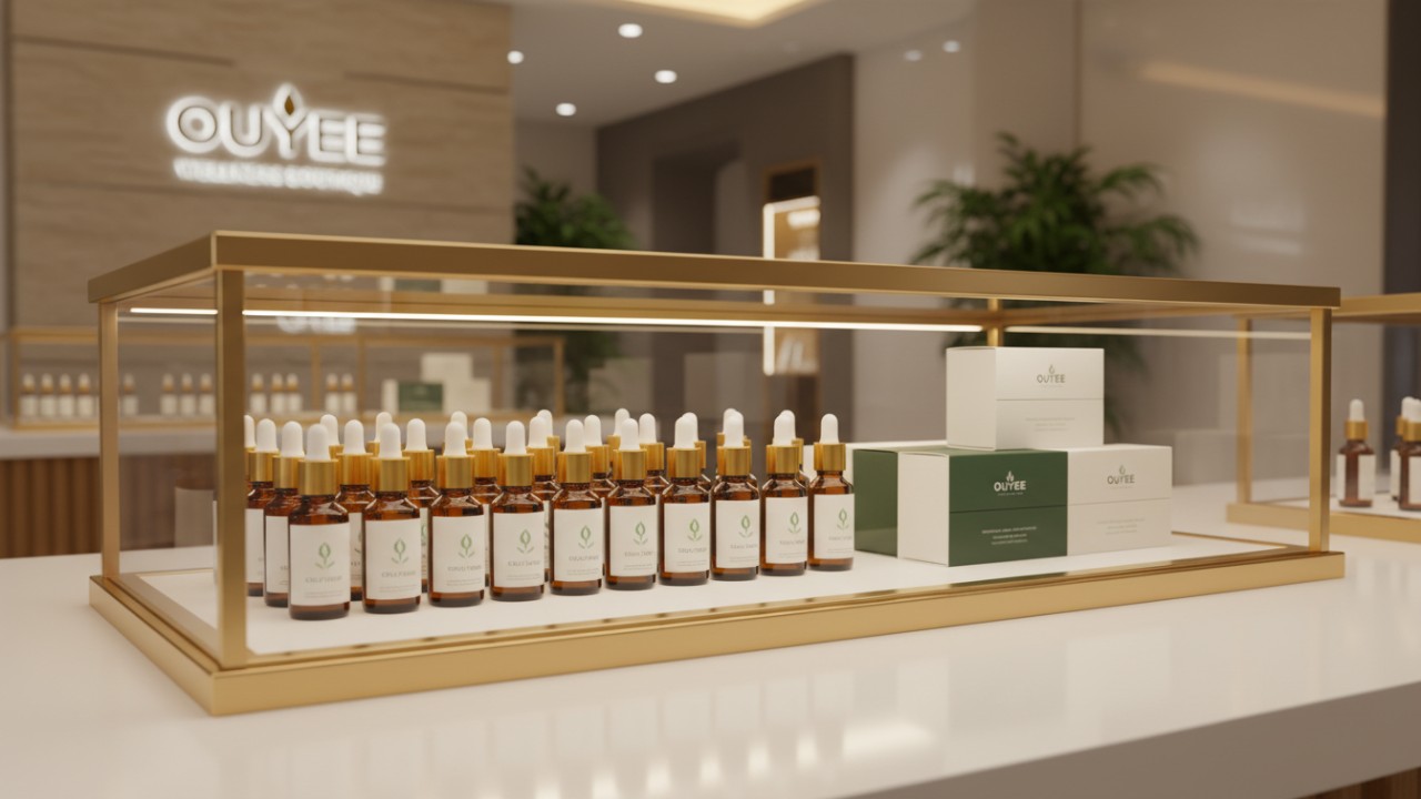 Luxury glass and metal CBD display case on a modern retail counter