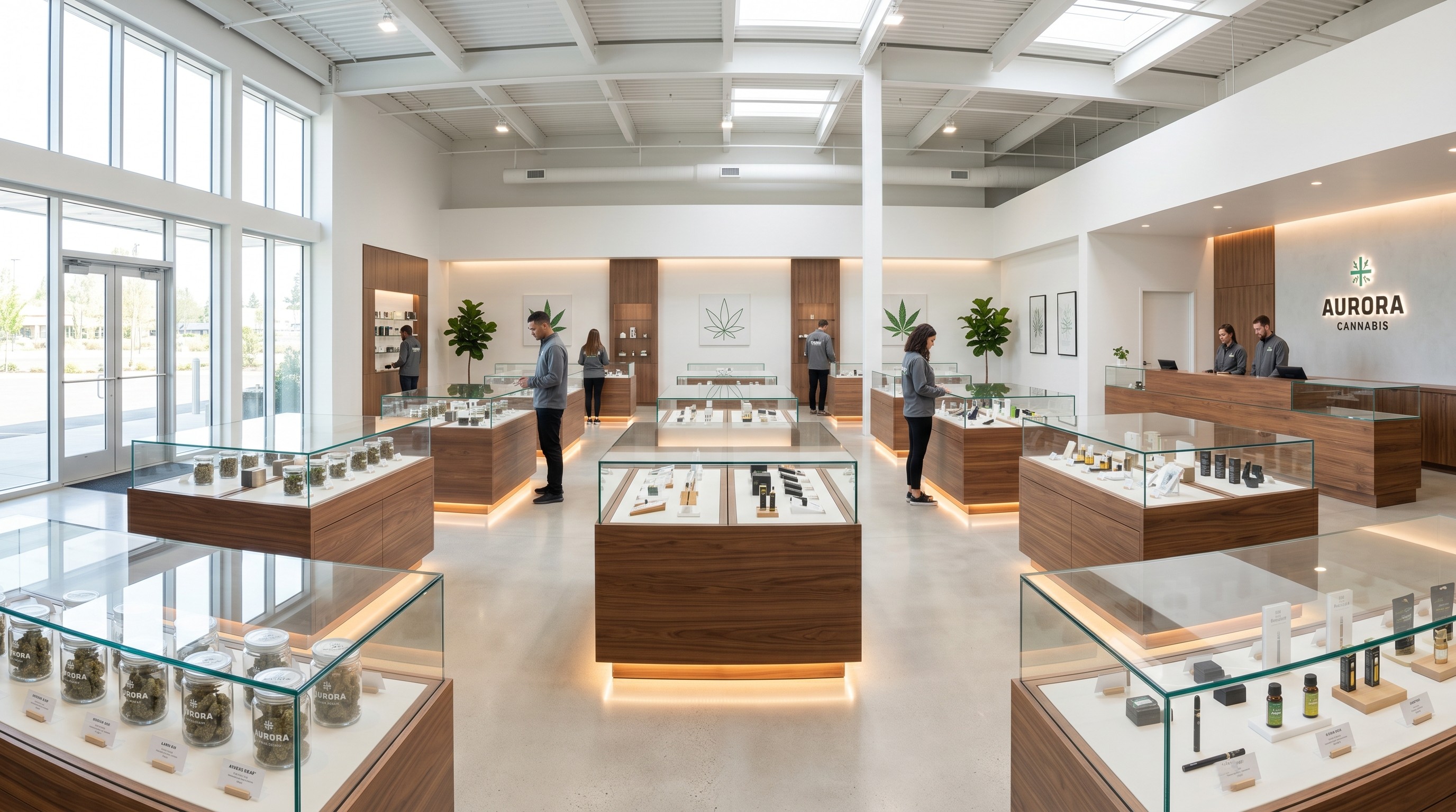 Luxury minimalist cannabis dispensary with custom seamless glass displays - Ouyee