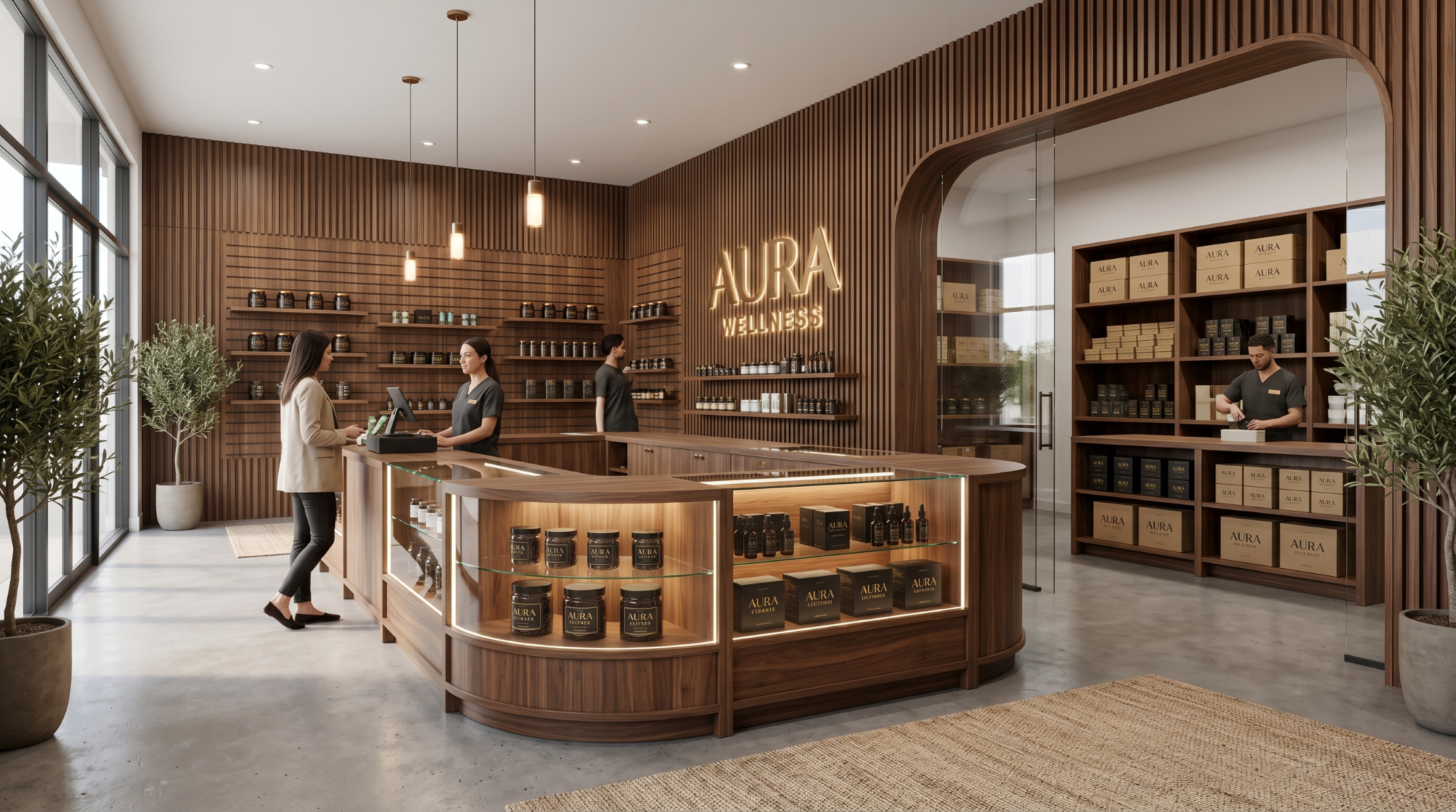 Matching wood slatwalls and custom retail display counters in a cohesive cannabis store layout