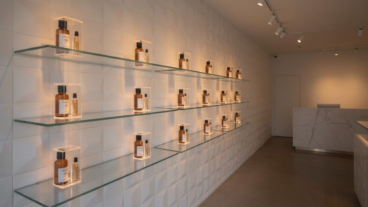 Minimalist Boutique Dispensary Interior with Floating Glass Shelving