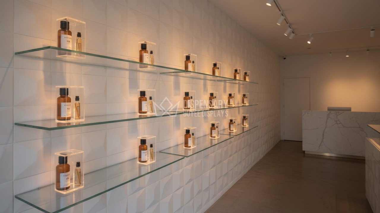 Minimalist Boutique Dispensary Interior with Floating Glass Shelving