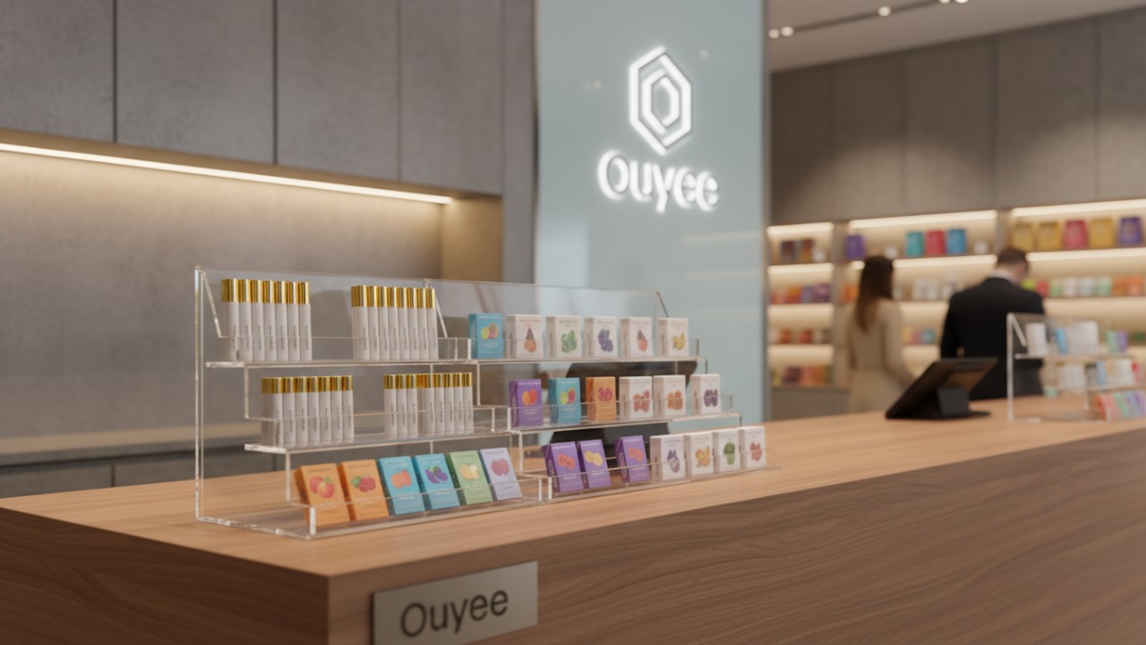 Modern acrylic countertop display at a cannabis dispensary checkout counter showing pre-roll tubes and retail accessories