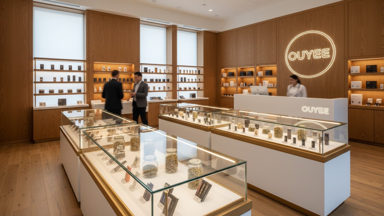 Modern cannabis dispensary interior with professional retail displays