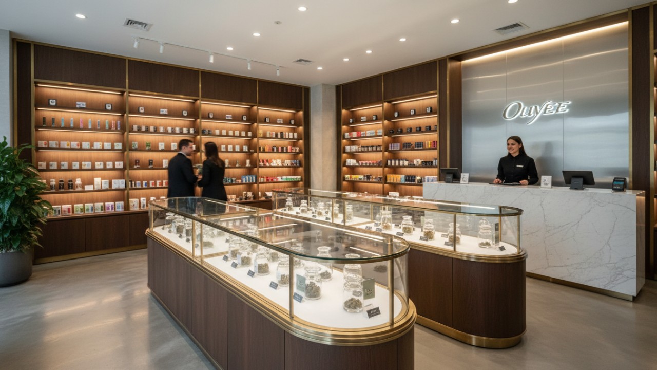 Modern Cannabis Retail Display with Glass Shelving and LED Lighting