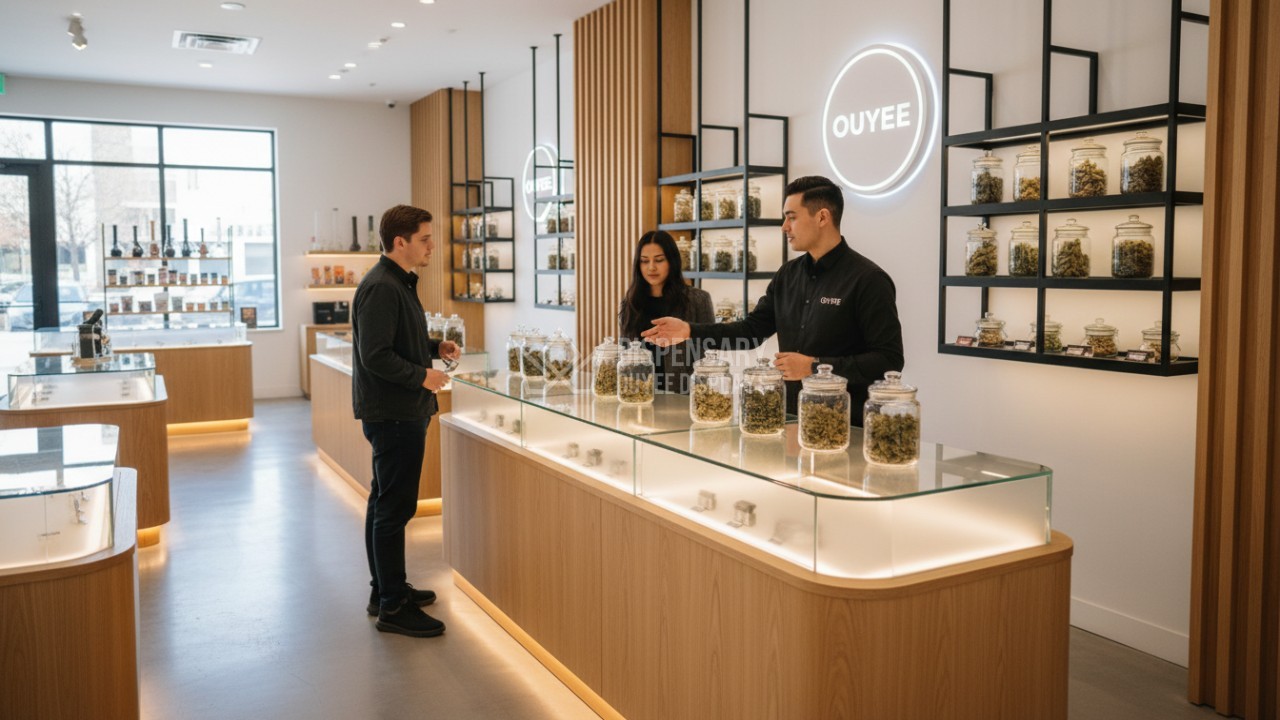 Modern dispensary interior showing a premium cannabis display counter with LED lighting and flower jars