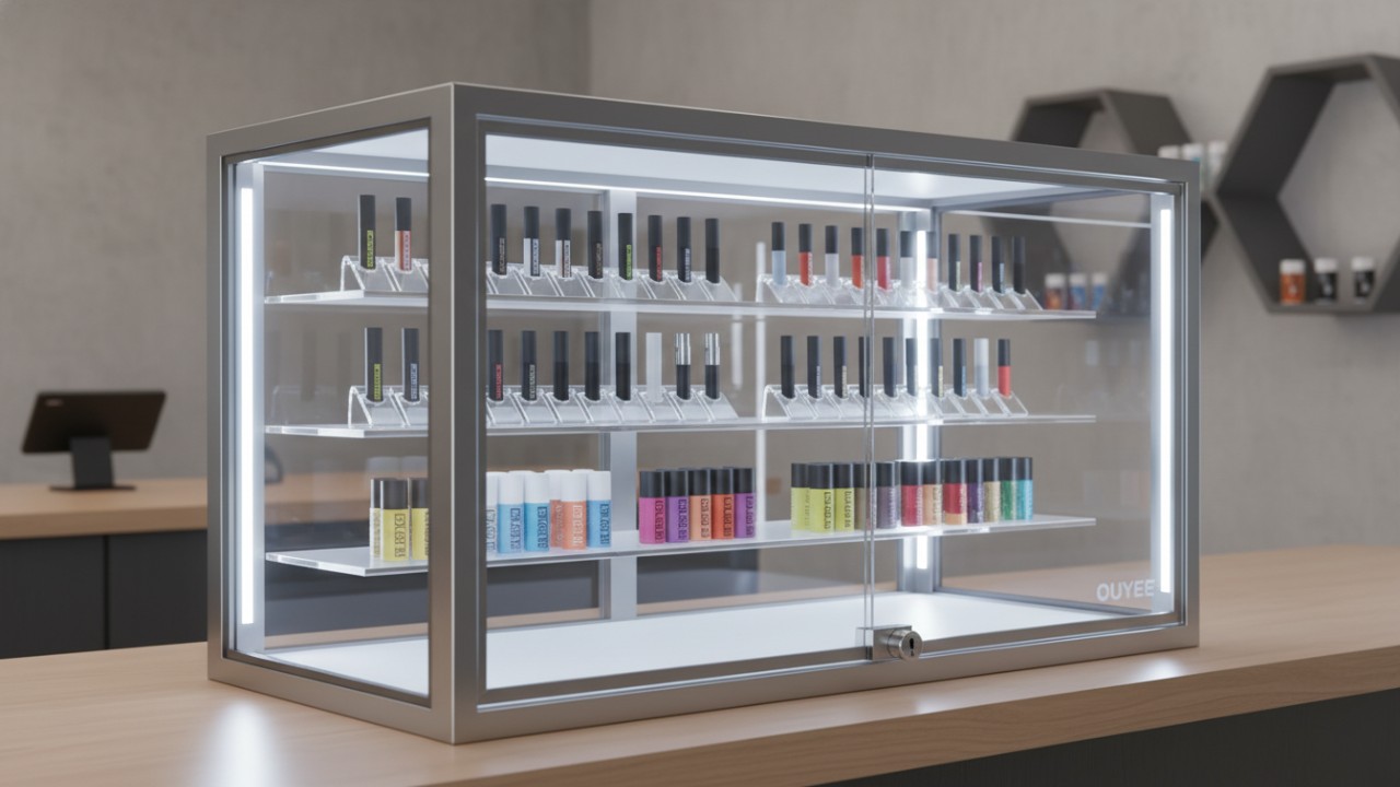 Modern e cigarette display cabinet in a retail store