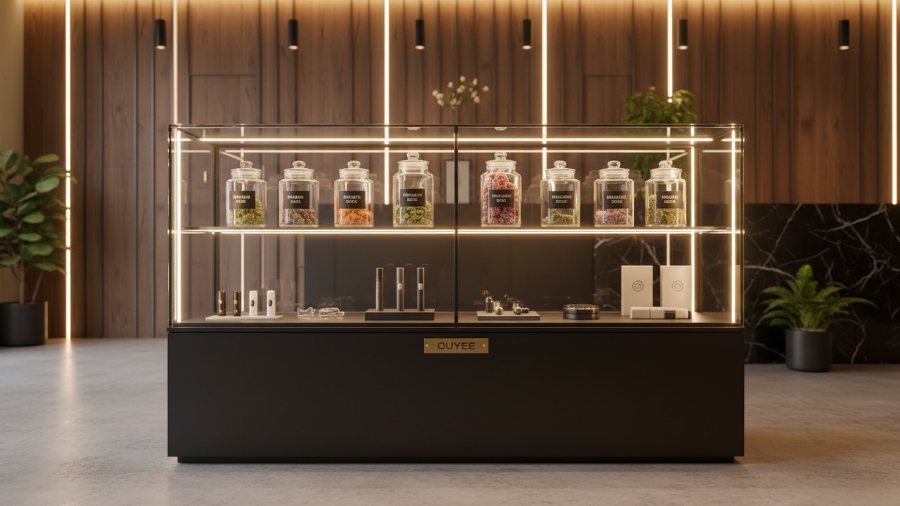 Modern glass display case in a luxury cannabis dispensary showroom