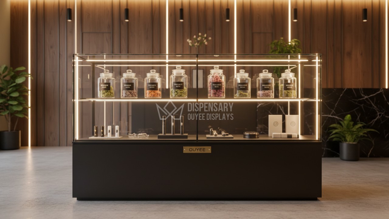 Modern glass display case in a luxury cannabis dispensary showroom