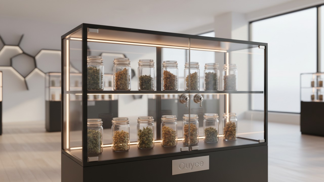 Modern glass display case with LED lighting and security locks for cannabis shops