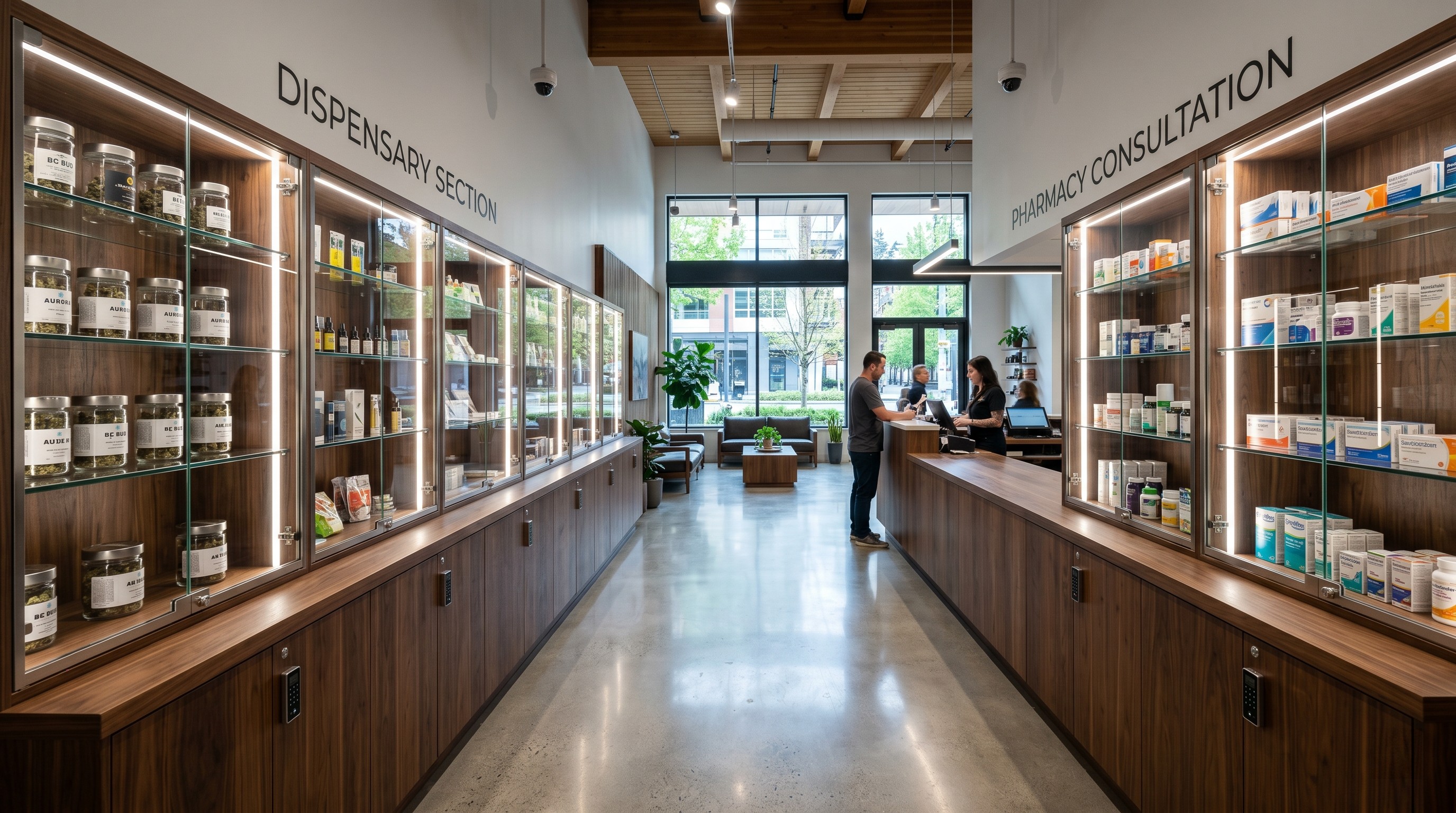 Modern green pharmacy with secure and compliant fixtures. - Ouyee