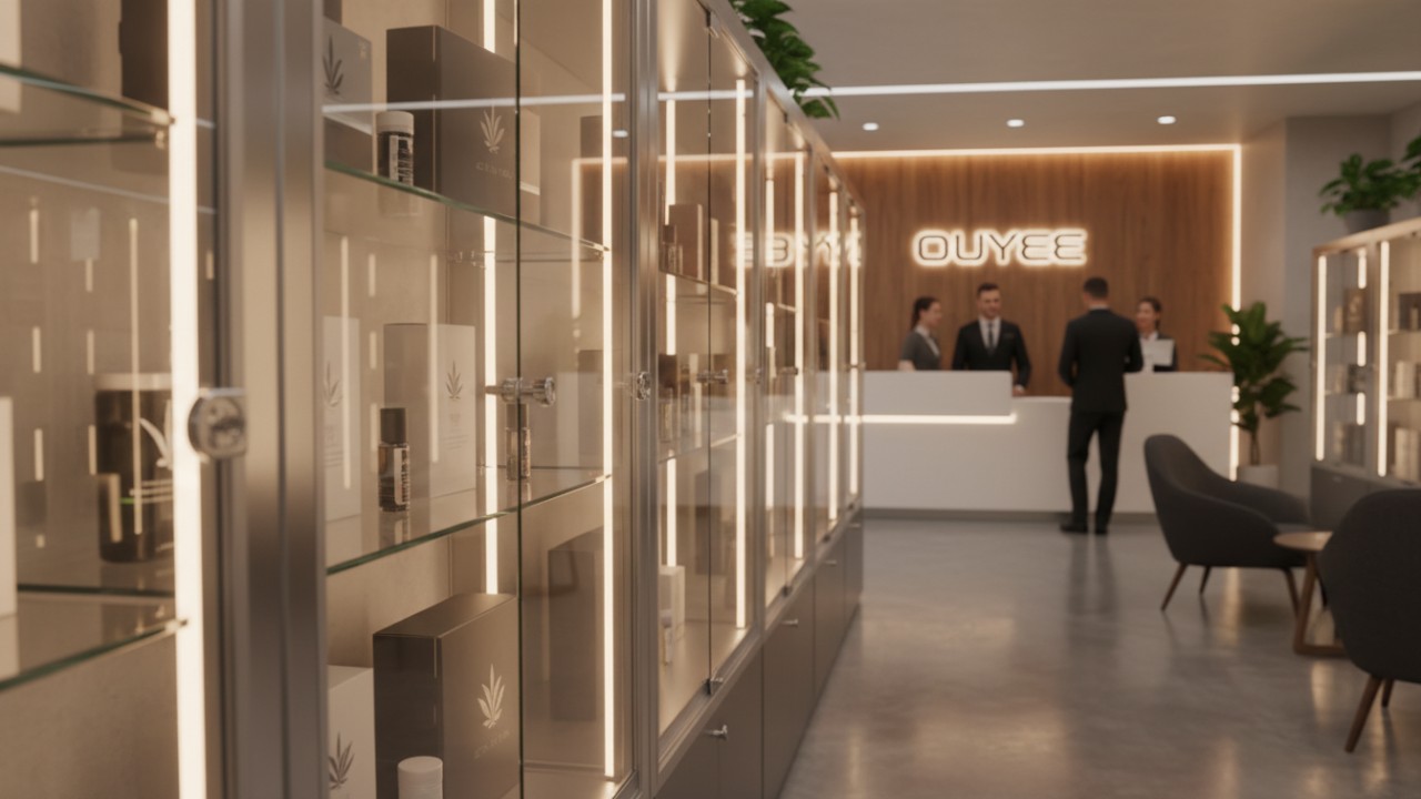 Modern lockable glass display cabinets in a high end cannabis dispensary showing secure storage solutions