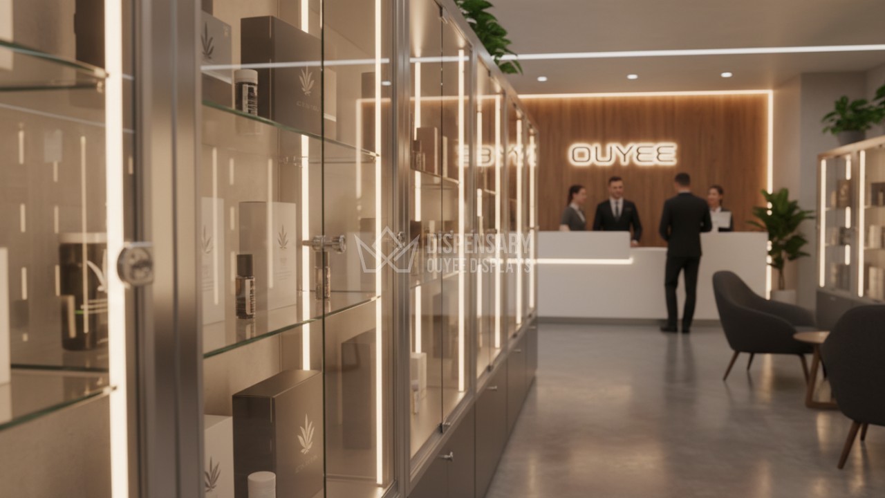 Modern lockable glass display cabinets in a high end cannabis dispensary showing secure storage solutions