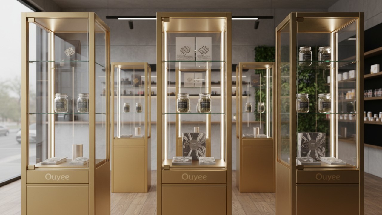 Modern metal and glass display cases for cannabis retail showrooms