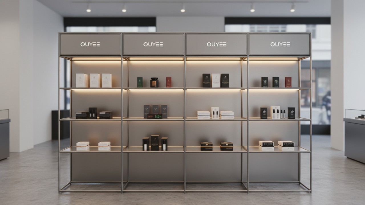 Modern modular retail display system in a high end cannabis dispensary with adjustable shelving