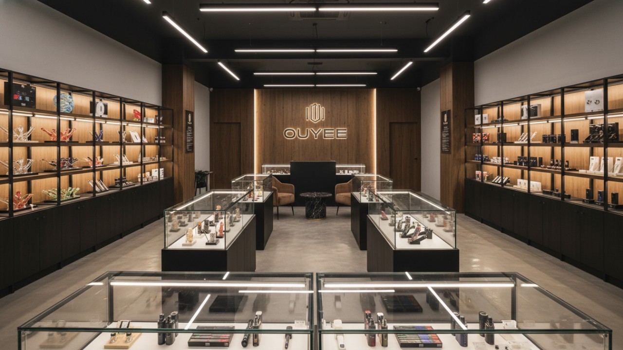 Modern smoke shop interior featuring premium glass display cases and LED lighting