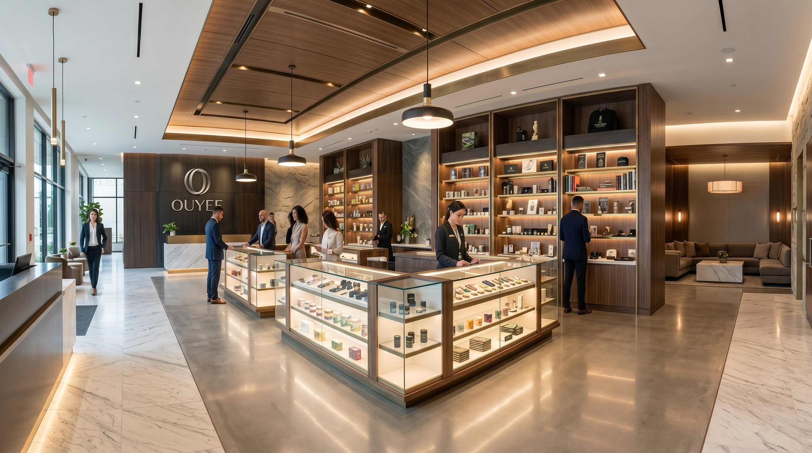 Premium modern cannabis dispensary design featuring custom glass display cases by OUYEE - Ouyee