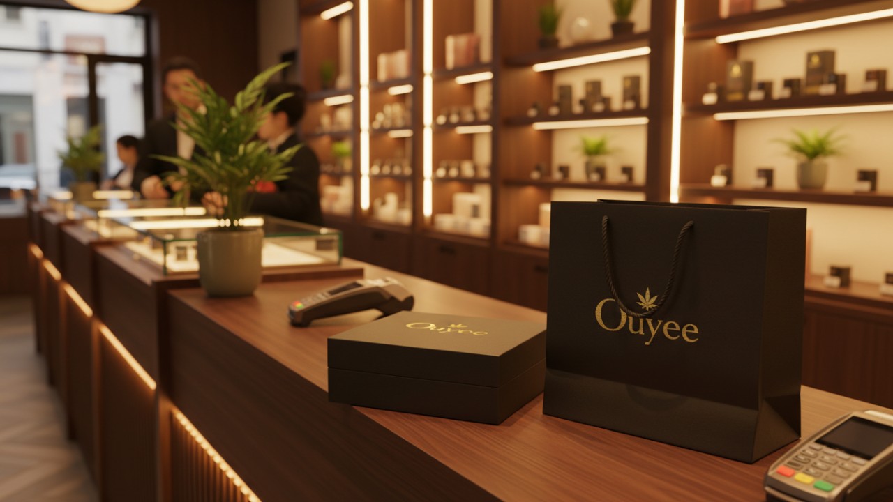 Premium Ouyee branded packaging on a dispensary counter representing a successful retail environment.